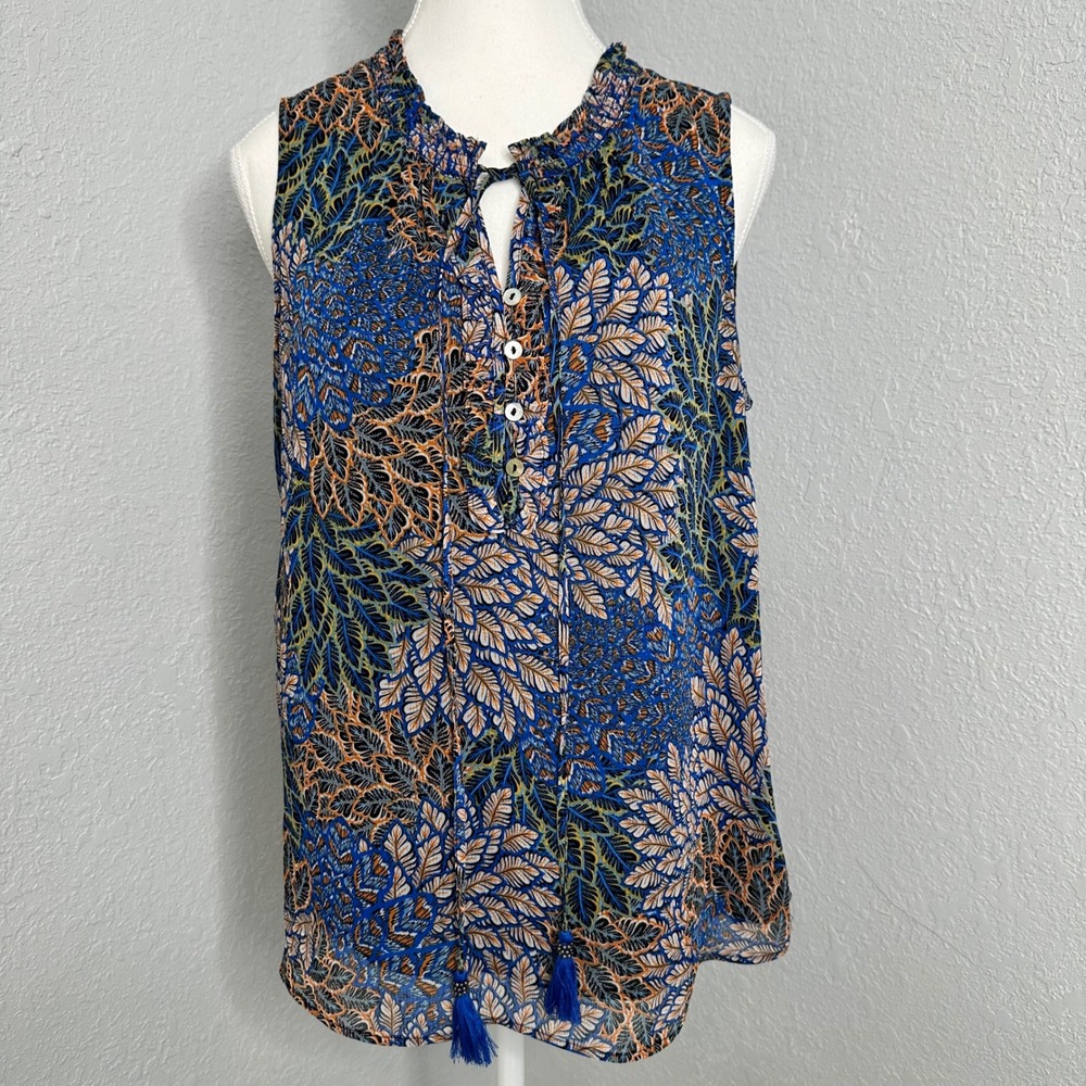 Daniel Rainn Lucy Floral Mockneck‎ Tasseled Tank Top blue floral